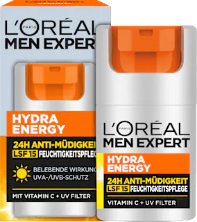 L'ORÉAL PARiS MEN EXPERT Gesichtscreme Hydra Energy, Feuchtigkeitspflege mit Vitamin C, 24h Anti-Müdigkeit LSF 15, 50 ml